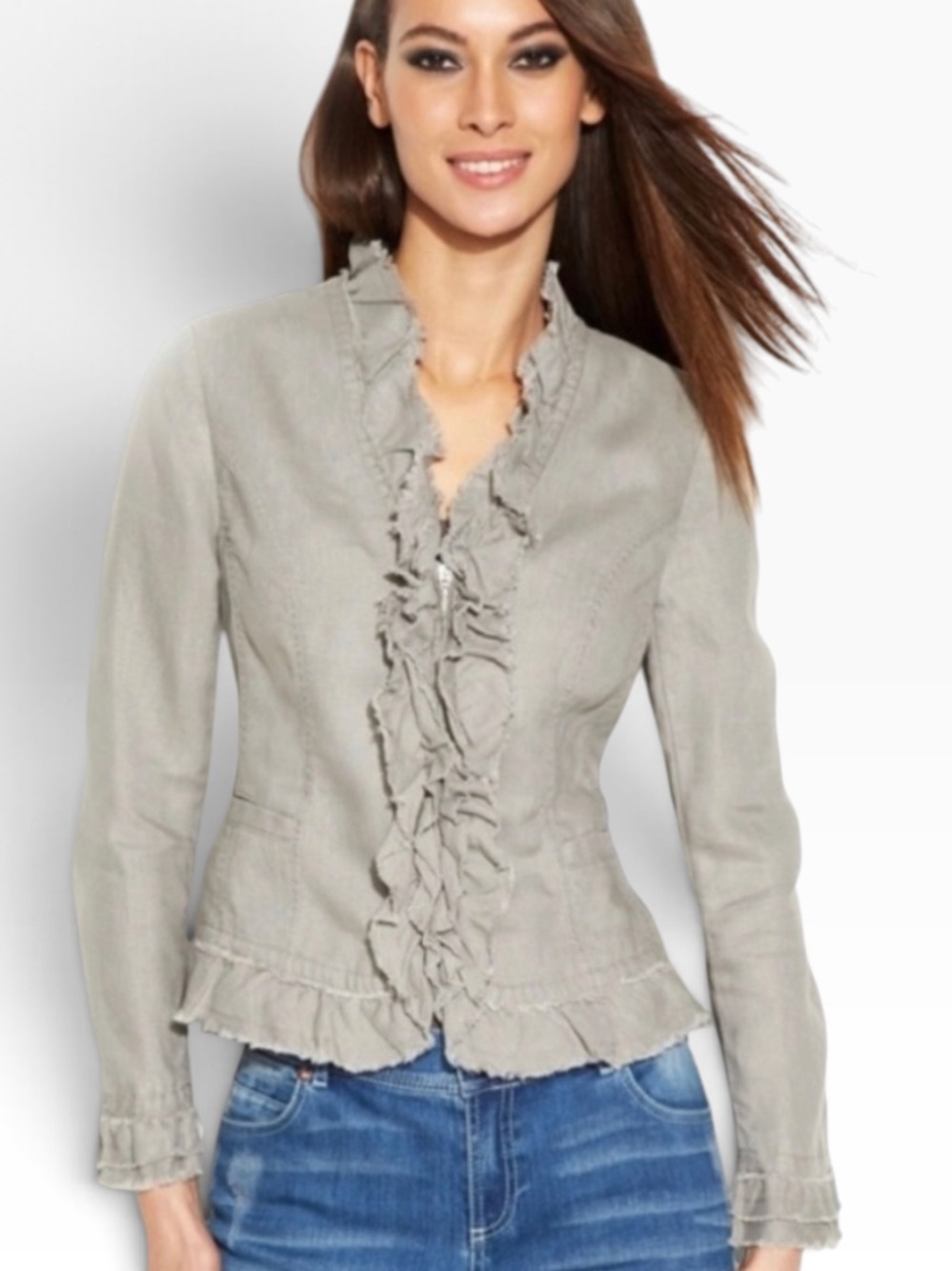 INC 100% Linen Ruffle Blazer Size Large Jacket with Ruffle Detail Full Zip